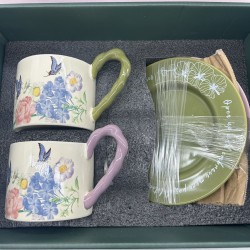 Vintage Oil Painting Coffee Cup And Saucer Set Ceramic Green And Purple Butterfly Double Tall Cup Gift Box