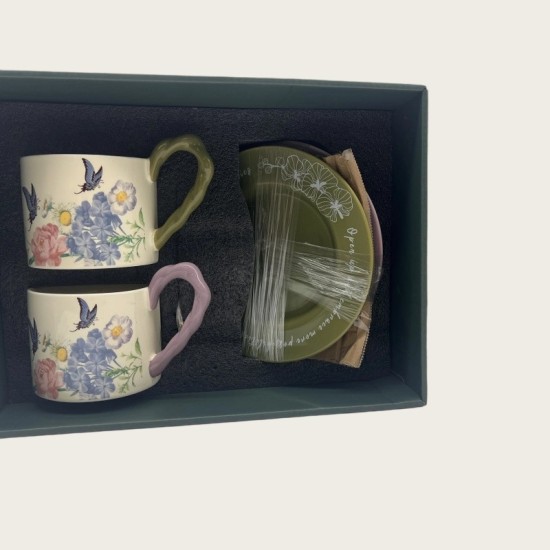 Vintage Oil Painting Coffee Cup And Saucer Set Ceramic Green And Purple Butterfly Double Tall Cup Gift Box Vintage Oil Painting Coffee Cup And Saucer Set Ceramic Green And Purple Butterfly Double Tall Cup Gift Box