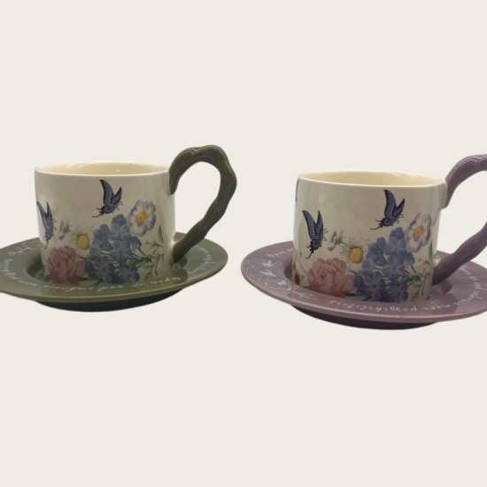 Vintage Oil Painting Coffee Cup And Saucer Set Ceramic Green And Purple Butterfly Double Tall Cup Gift Box Vintage Oil Painting Coffee Cup And Saucer Set Ceramic Green And Purple Butterfly Double Tall Cup Gift Box