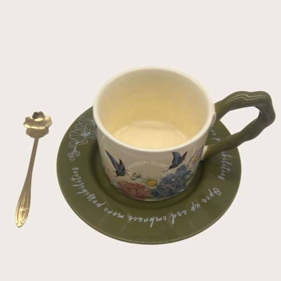 Vintage Oil Painting Coffee Cup And Saucer Set Ceramic Green And Purple Butterfly Double Tall Cup Gift Box Vintage Oil Painting Coffee Cup And Saucer Set Ceramic Green And Purple Butterfly Double Tall Cup Gift Box