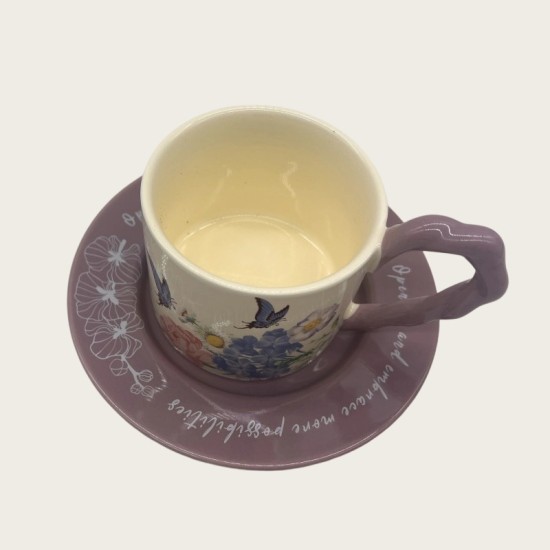Vintage Oil Painting Coffee Cup And Saucer Set Ceramic Green And Purple Butterfly Double Tall Cup Gift Box Vintage Oil Painting Coffee Cup And Saucer Set Ceramic Green And Purple Butterfly Double Tall Cup Gift Box