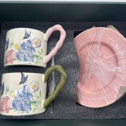 Vintage Oil Painting Coffee Cup And Saucer Set Ceramic Green And Pink Butterfly Double Tall Cup Gift Box
