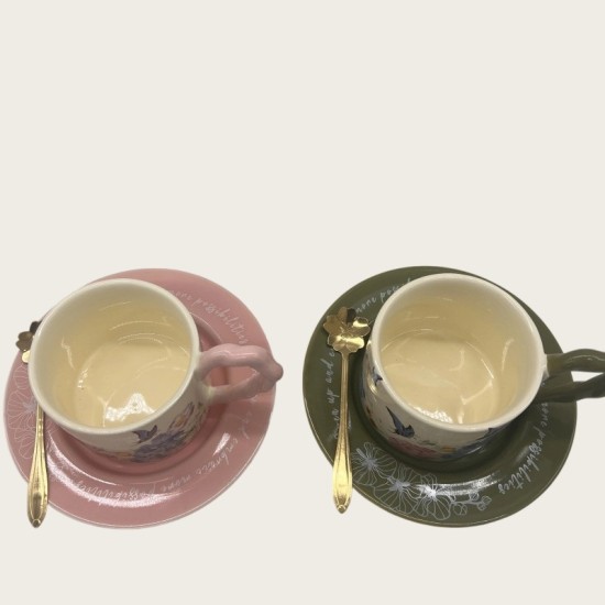 Vintage Oil Painting Coffee Cup And Saucer Set Ceramic Green And Pink Butterfly Double Tall Cup Gift Box Vintage Oil Painting Coffee Cup And Saucer Set Ceramic Green And Pink Butterfly Double Tall Cup Gift Box