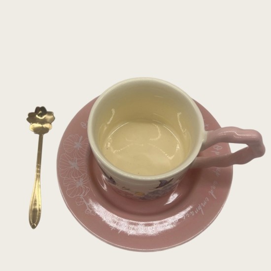 Vintage Oil Painting Coffee Cup And Saucer Set Ceramic Green And Pink Butterfly Double Tall Cup Gift Box Vintage Oil Painting Coffee Cup And Saucer Set Ceramic Green And Pink Butterfly Double Tall Cup Gift Box