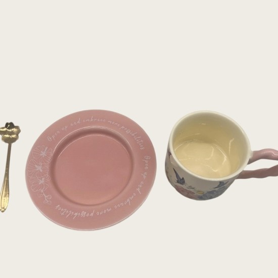 Vintage Oil Painting Coffee Cup And Saucer Set Ceramic Green And Pink Butterfly Double Tall Cup Gift Box Vintage Oil Painting Coffee Cup And Saucer Set Ceramic Green And Pink Butterfly Double Tall Cup Gift Box