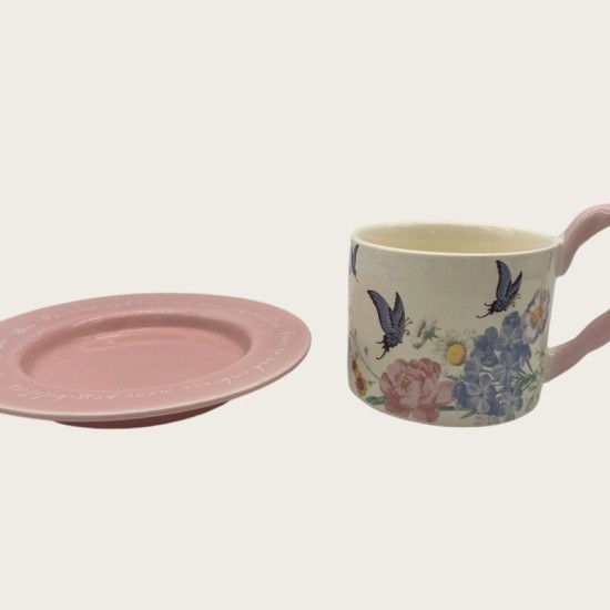 Vintage Oil Painting Coffee Cup And Saucer Set Ceramic Green And Pink Butterfly Double Tall Cup Gift Box Vintage Oil Painting Coffee Cup And Saucer Set Ceramic Green And Pink Butterfly Double Tall Cup Gift Box