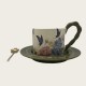Vintage Oil Painting Coffee Cup And Saucer Set Ceramic Green And Pink Butterfly Double Tall Cup Gift Box