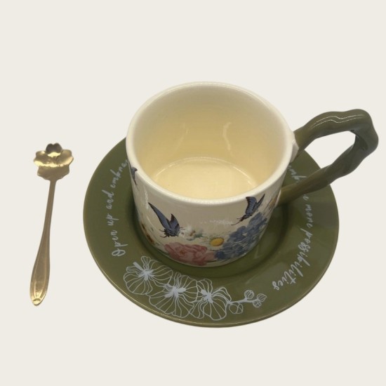 Vintage Oil Painting Coffee Cup And Saucer Set Ceramic Green And Pink Butterfly Double Tall Cup Gift Box Vintage Oil Painting Coffee Cup And Saucer Set Ceramic Green And Pink Butterfly Double Tall Cup Gift Box