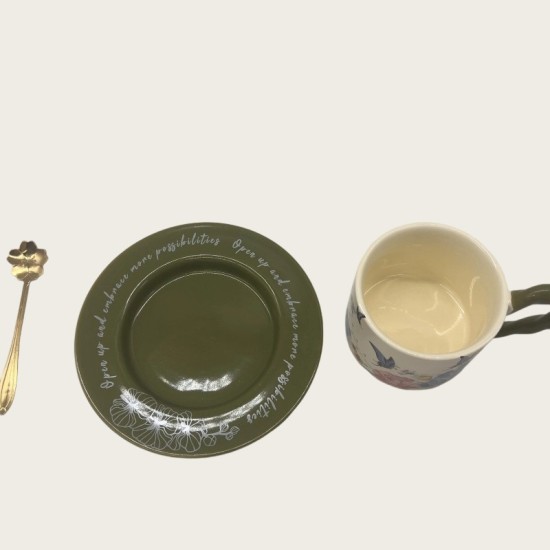 Vintage Oil Painting Coffee Cup And Saucer Set Ceramic Green And Pink Butterfly Double Tall Cup Gift Box Vintage Oil Painting Coffee Cup And Saucer Set Ceramic Green And Pink Butterfly Double Tall Cup Gift Box