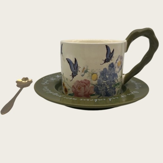 Vintage Oil Painting Coffee Cup And Saucer Set Ceramic Green And Pink Butterfly Double Tall Cup Gift Box Vintage Oil Painting Coffee Cup And Saucer Set Ceramic Green And Pink Butterfly Double Tall Cup Gift Box