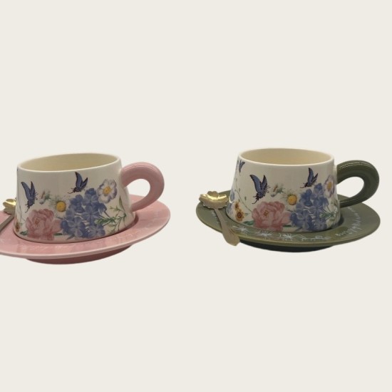 Vintage Oil Painting Coffee Cup And Saucer Set Ceramic Green And Pink Butterfly Double Cup Gift Box Vintage Oil Painting Coffee Cup And Saucer Set Ceramic Green And Pink Butterfly Double Cup Gift Box