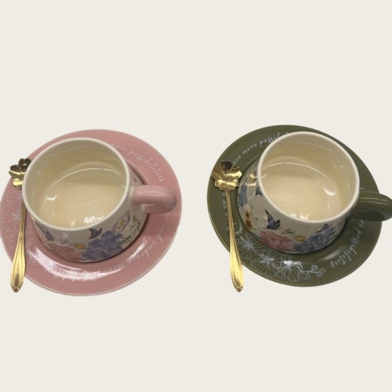 Vintage Oil Painting Coffee Cup And Saucer Set Ceramic Green And Pink Butterfly Double Cup Gift Box Vintage Oil Painting Coffee Cup And Saucer Set Ceramic Green And Pink Butterfly Double Cup Gift Box