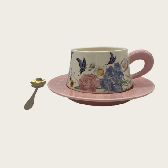 Vintage Oil Painting Coffee Cup And Saucer Set Ceramic Green And Pink Butterfly Double Cup Gift Box Vintage Oil Painting Coffee Cup And Saucer Set Ceramic Green And Pink Butterfly Double Cup Gift Box
