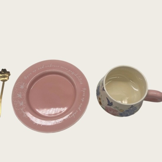 Vintage Oil Painting Coffee Cup And Saucer Set Ceramic Green And Pink Butterfly Double Cup Gift Box Vintage Oil Painting Coffee Cup And Saucer Set Ceramic Green And Pink Butterfly Double Cup Gift Box