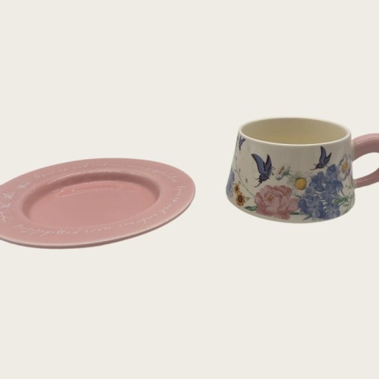 Vintage Oil Painting Coffee Cup And Saucer Set Ceramic Green And Pink Butterfly Double Cup Gift Box Vintage Oil Painting Coffee Cup And Saucer Set Ceramic Green And Pink Butterfly Double Cup Gift Box