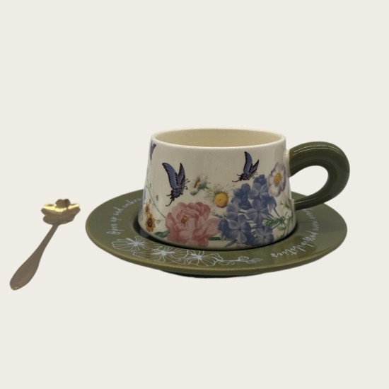 Vintage Oil Painting Coffee Cup And Saucer Set Ceramic Green And Pink Butterfly Double Cup Gift Box Vintage Oil Painting Coffee Cup And Saucer Set Ceramic Green And Pink Butterfly Double Cup Gift Box