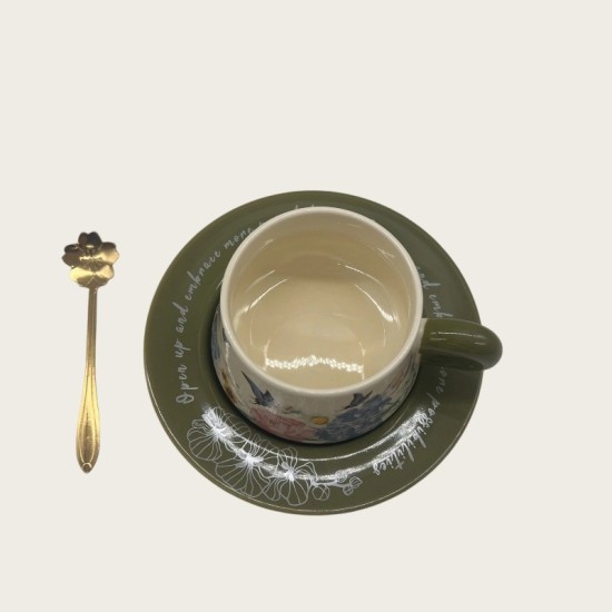 Vintage Oil Painting Coffee Cup And Saucer Set Ceramic Green And Pink Butterfly Double Cup Gift Box Vintage Oil Painting Coffee Cup And Saucer Set Ceramic Green And Pink Butterfly Double Cup Gift Box