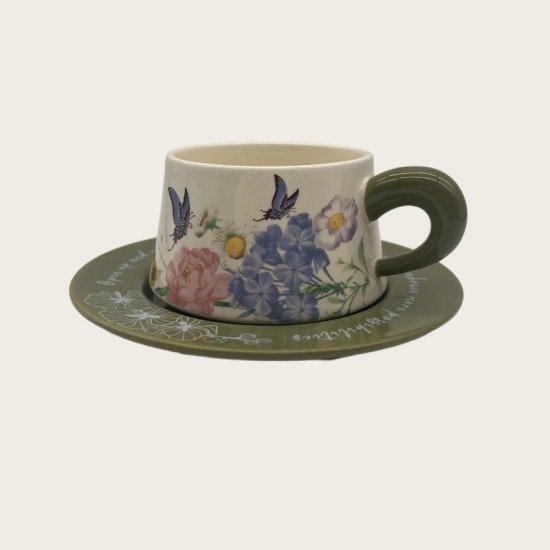 Vintage Oil Painting Coffee Cup And Saucer Set Ceramic Green And Pink Butterfly Double Cup Gift Box Vintage Oil Painting Coffee Cup And Saucer Set Ceramic Green And Pink Butterfly Double Cup Gift Box