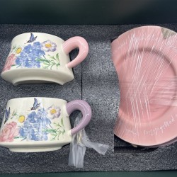 Vintage Oil Painting Coffee Cup And Saucer Set Ceramic Pink And Purple Butterfly Double Cup Gift Box