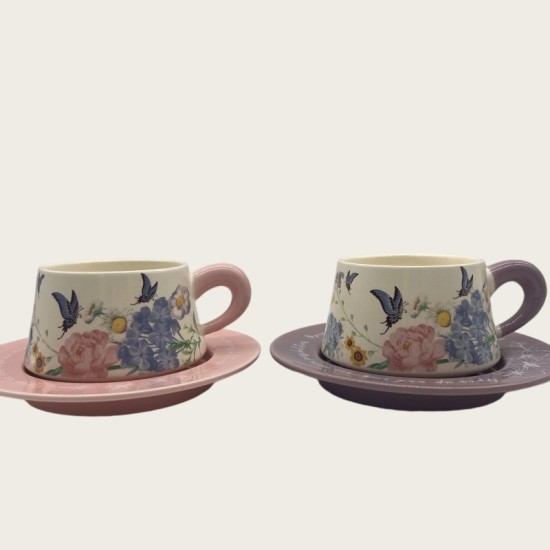 Vintage Oil Painting Coffee Cup And Saucer Set Ceramic Pink And Purple Butterfly Double Cup Gift Box Vintage Oil Painting Coffee Cup And Saucer Set Ceramic Pink And Purple Butterfly Double Cup Gift Box