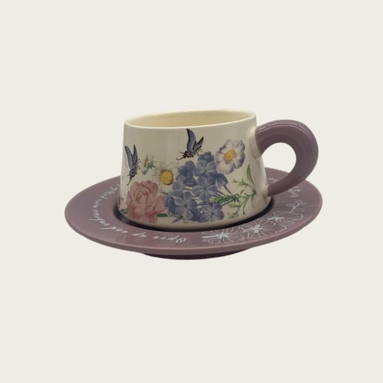 Vintage Oil Painting Coffee Cup And Saucer Set Ceramic Pink And Purple Butterfly Double Cup Gift Box Vintage Oil Painting Coffee Cup And Saucer Set Ceramic Pink And Purple Butterfly Double Cup Gift Box
