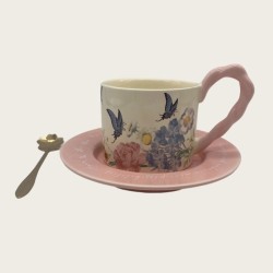 Vintage Oil Painting Coffee Cup And Saucer Ceramic Pink Butterfly Tall Cup Gift Box