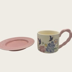 Vintage Oil Painting Coffee Cup And Saucer Ceramic Pink Butterfly Tall Cup Gift Box
