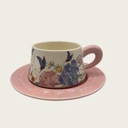Vintage Oil Painting Coffee Cup And Saucer Ceramic Pink Butterfly Cup Gift Box