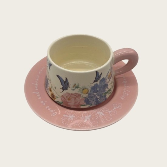 Vintage Oil Painting Coffee Cup And Saucer Ceramic Pink Butterfly Cup Gift Box Vintage Oil Painting Coffee Cup And Saucer Ceramic Pink Butterfly Cup Gift Box