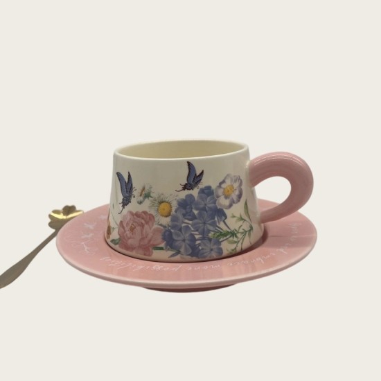 Vintage Oil Painting Coffee Cup And Saucer Ceramic Pink Butterfly Cup Gift Box Vintage Oil Painting Coffee Cup And Saucer Ceramic Pink Butterfly Cup Gift Box