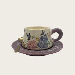 Vintage Oil Painting Coffee Cup And Saucer Ceramic Purple Butterfly Cup Gift Box