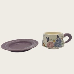 Vintage Oil Painting Coffee Cup And Saucer Ceramic Purple Butterfly Cup Gift Box