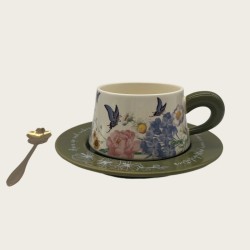 Vintage Oil Painting Coffee Cup And Saucer Ceramic Green Butterfly Cup Gift Box