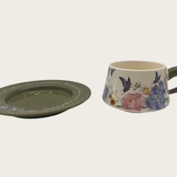Vintage Oil Painting Coffee Cup And Saucer Ceramic Green Butterfly Cup Gift Box