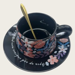 Black Ceramic Coffee Cup And Saucer Set