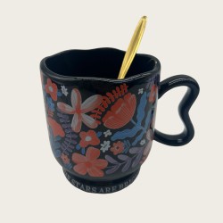 Black Ceramic Coffee Tall Cup With Flowers