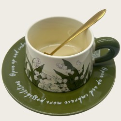 Delicate Flower Green Ceramic Coffee Cup And Saucer Set