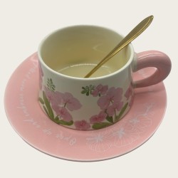 Delicate Flower Pink Ceramic Coffee Cup And Saucer Set