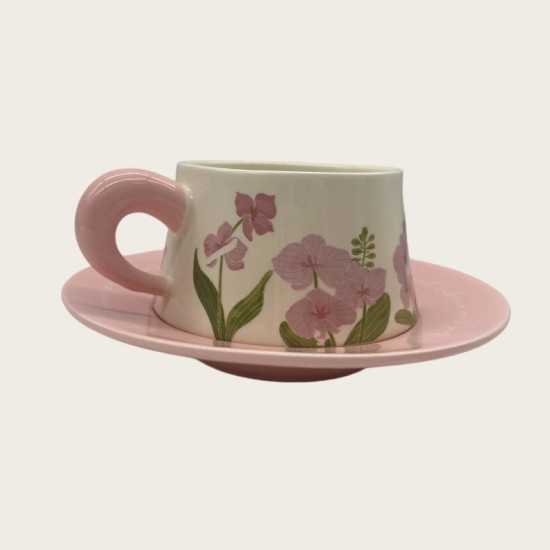 Delicate Flower Pink Ceramic Coffee Cup And Saucer Set