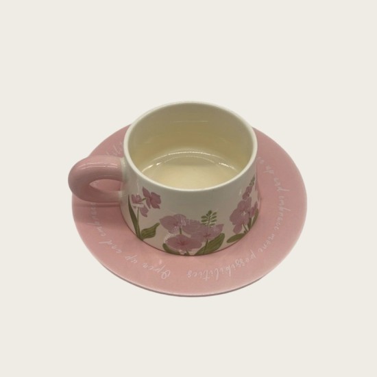 Delicate Flower Pink Ceramic Coffee Cup And Saucer Set